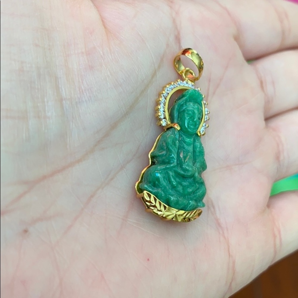 14K Real Gold Guanyin Kwan Yin Buddha Jade Pendant - Picture 5 of 10